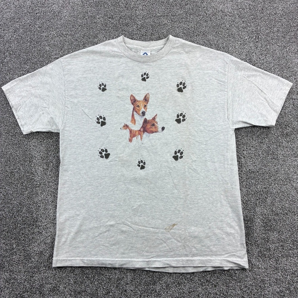 VIntage Basenji Dog Shirt Mens XL Gray Paw Prints Dog Puppy Breed Pet Animals